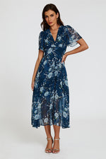 Floral Print Midi V neckline Dress In Navy
