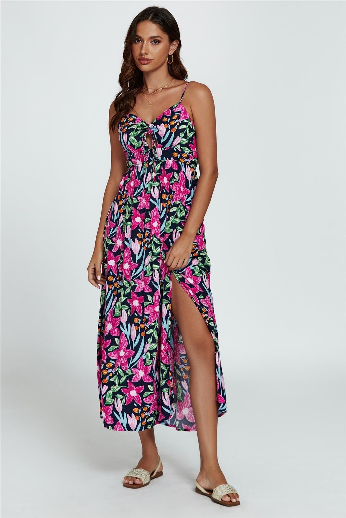 Floral Print Tie Front Maxi Dress In Black