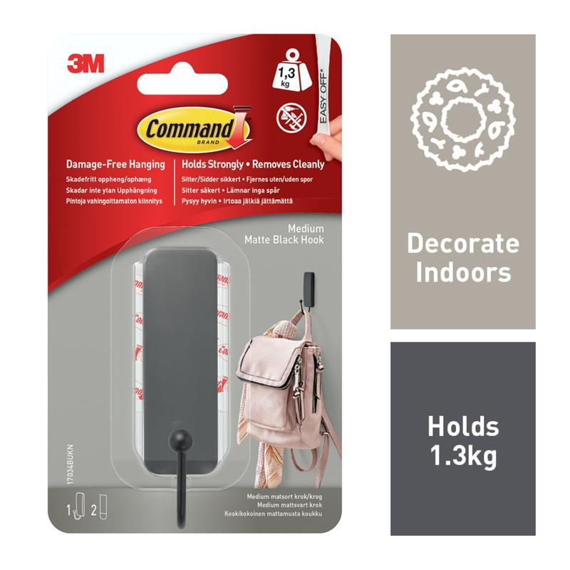 Mittelgroßer Command™ mattschwarzer Haken, 17034B, 1 Haken, 2 Strips | Packung (1 Stück)