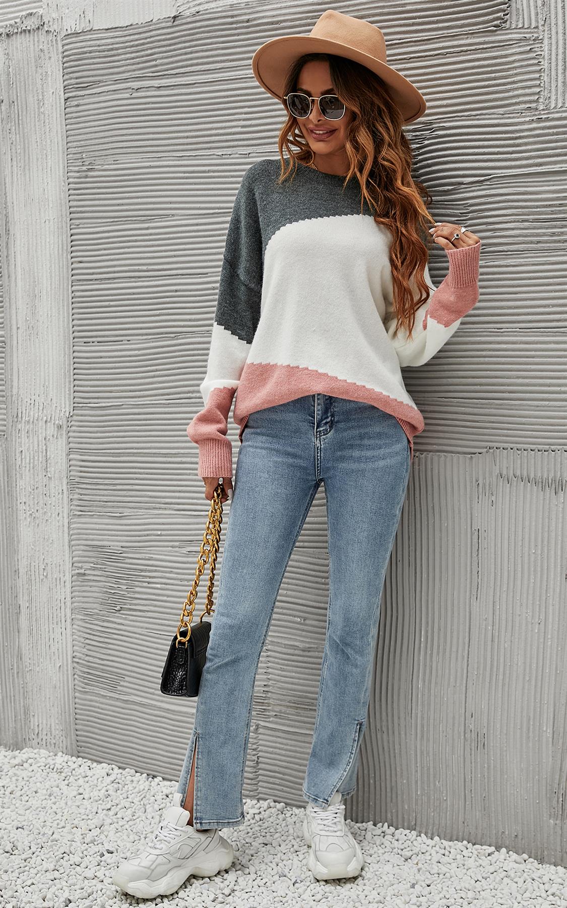 Grey & Pink Block Colour Jumper Top In White
