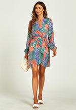 Leopard Print Wrap Mini Dress In Blue