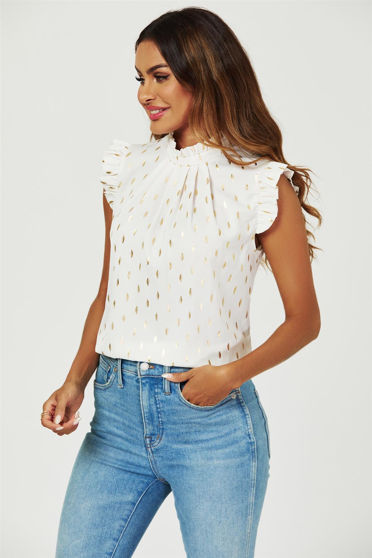 Gold Foil Frill Trim Sleeve High Neck Blouse Top In Cream