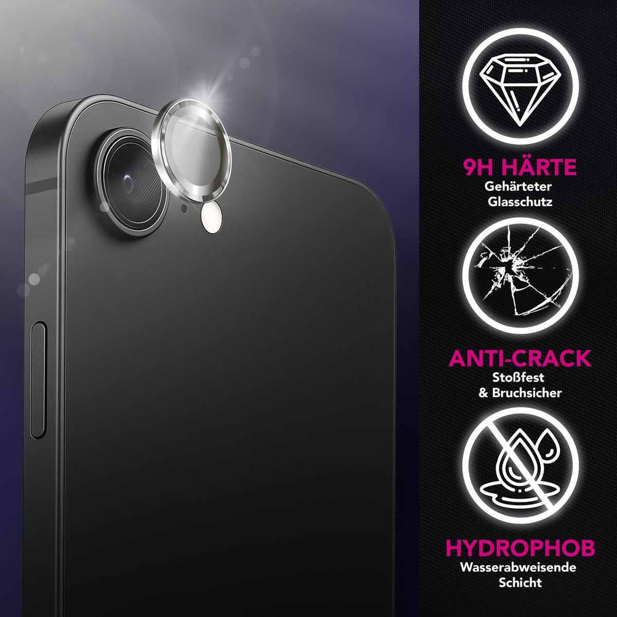 NALIA Glas Kameraschutzringe für iPhone 16e / 17e – Linsenschutz & Case Friendly – FOCUS.PRO CLX (9H Härtegrad & Montagerahmen) – Marke aus Berlin