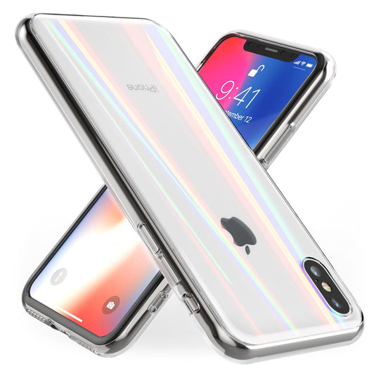NALIA Hartglas Hülle kompatibel mit iPhone X / XS, Transparentes Regenbogen Hardcase aus Tempered Glass mit Silikon Bumper, bunt glänzende stoßfeste & robuste Handyhülle