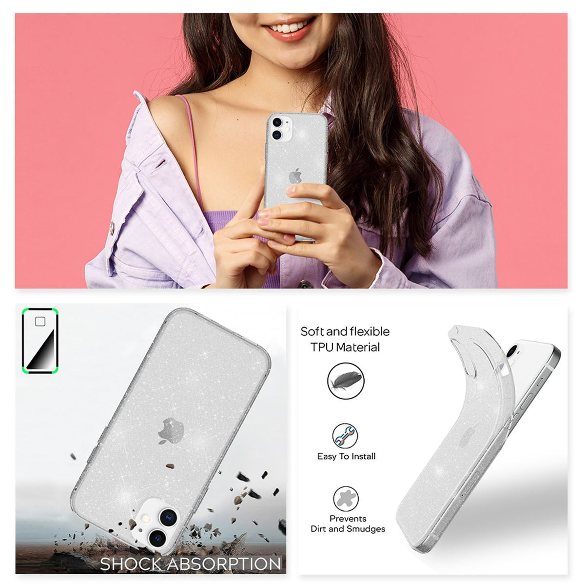 NALIA Glitzerhülle für iPhone 12 / 12 Pro – Funkelndes Silikon Case – DAZZLIN (Transparent & Stoßfest) – Marke aus Berlin