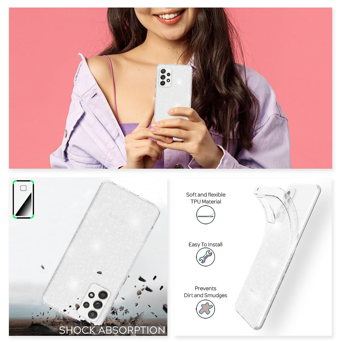 NALIA Glitzerhülle für Samsung Galaxy A52 / A52 5G / A52s 5G – Funkelndes Silikon Case – DAZZLIN (Transparent & Stoßfest) – Marke aus Berlin