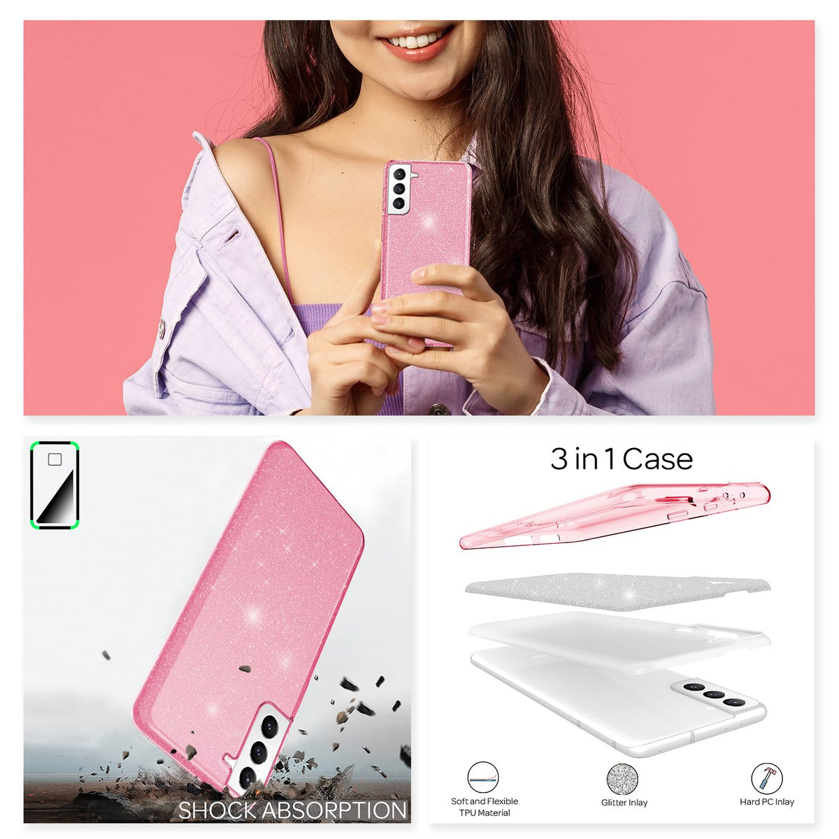 NALIA Glitzerhülle für Samsung Galaxy S21 FE – Funkelnder Glitzer-Look & Grip – SHINEPOP (Silikon Case) – Marke aus Berlin