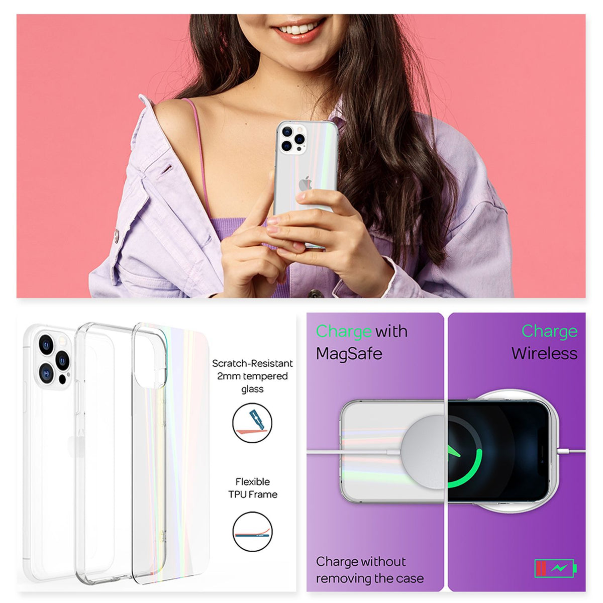 NALIA Transparente Glashülle für iPhone 13 Pro Max – Holografischer Prisma-Effekt (Regenbogen Schimmer) – 9H Hartglas & Anti-Gelb – AURORA – Marke aus Berlin
