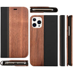 NALIA Echt-Holz Flipcase kompatibel mit iPhone 13 Pro Max Hülle, FSC zert. Natur Holzhülle mit Standfunktion & Kartenfach, Premium Wood Case Wallet Rundum-Schutz Handyhülle Klapphülle Etui - Walnuss
