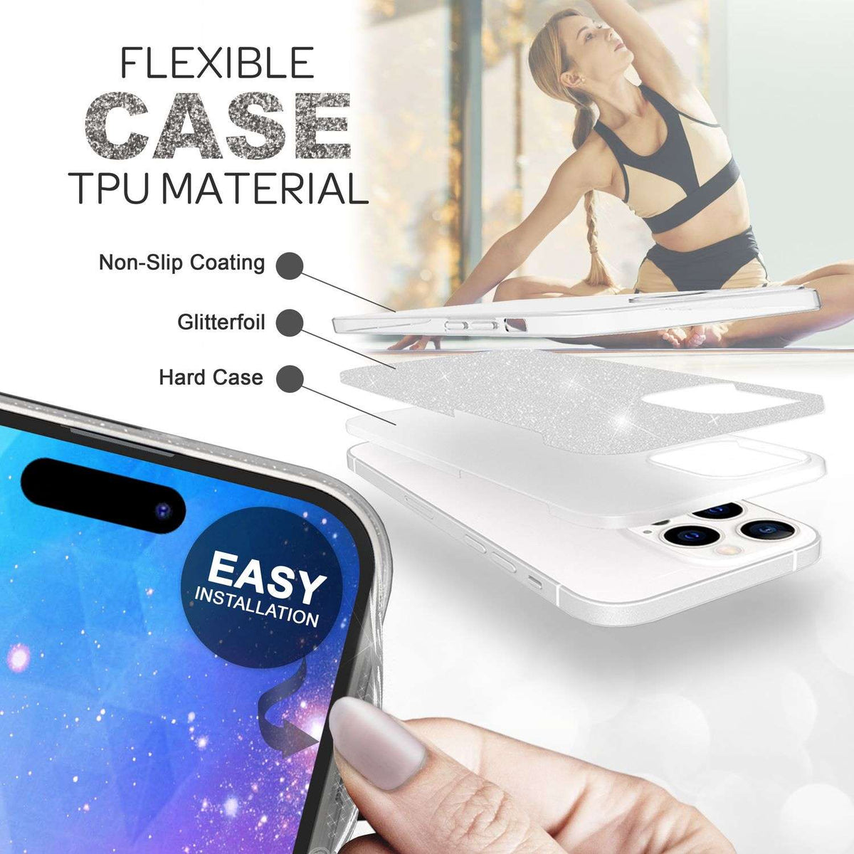 NALIA Glitzerhülle für iPhone 14 Pro Max – Funkelnder Glitzer-Look & Grip – SHINEPOP (Silikon Case) – Marke aus Berlin