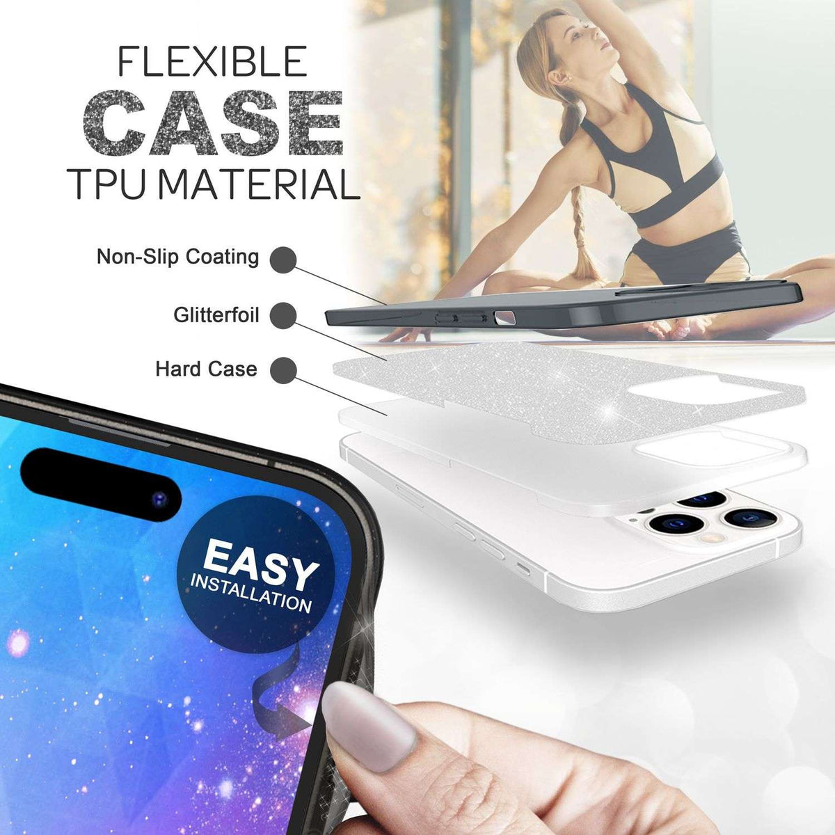 NALIA Glitzerhülle für iPhone 14 Pro Max – Funkelnder Glitzer-Look & Grip – SHINEPOP (Silikon Case) – Marke aus Berlin