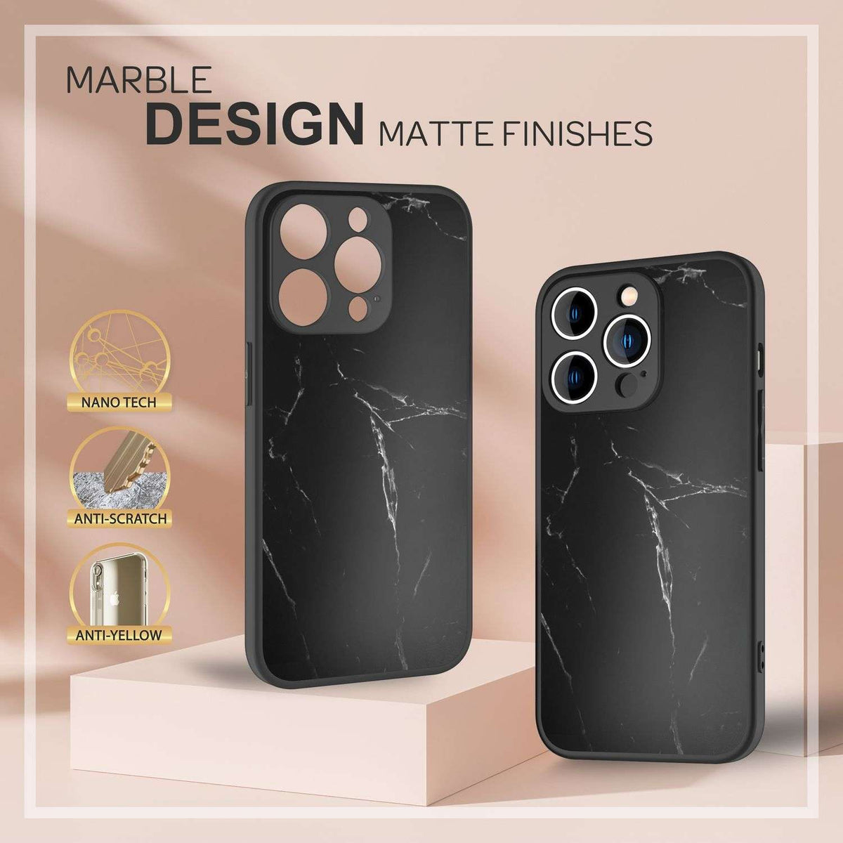 NALIA Marmor Glas Case für iPhone 14 Pro – Robustes 9H Echtglas – MARBELLE (Silikon Bumper & Grip) – Marke aus Berlin