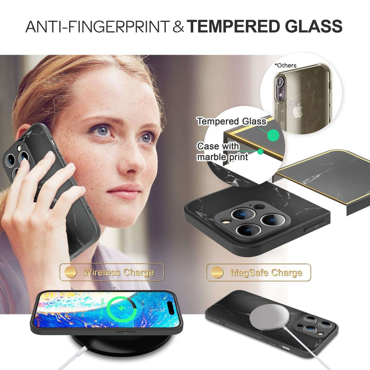 NALIA Marmor Glas Case für iPhone 14 Pro – Robustes 9H Echtglas – MARBELLE (Silikon Bumper & Grip) – Marke aus Berlin