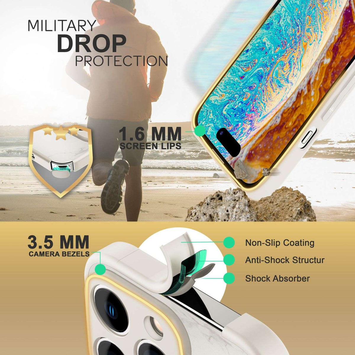 NALIA Marmor Glas Case für iPhone 14 Pro – Robustes 9H Echtglas – MARBELLE (Silikon Bumper & Grip) – Marke aus Berlin
