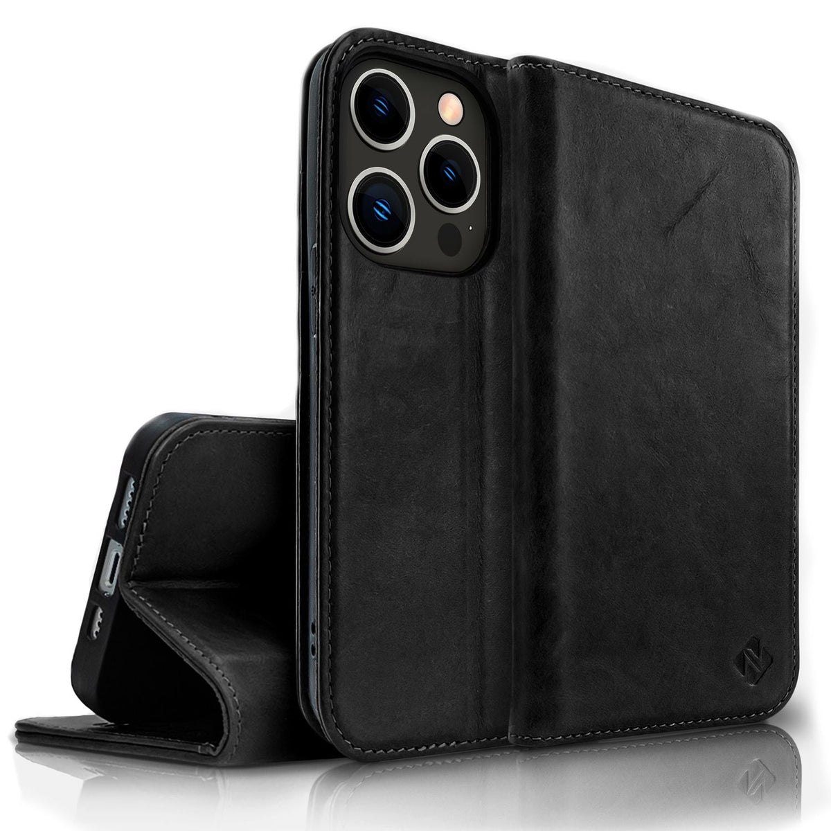 NALIA Echtlederhülle für iPhone 14 Pro Max – RFID Wallet & Magnet-Verschluss – LEVANTO (Handgefertigte Klapphülle) – Marke aus Berlin