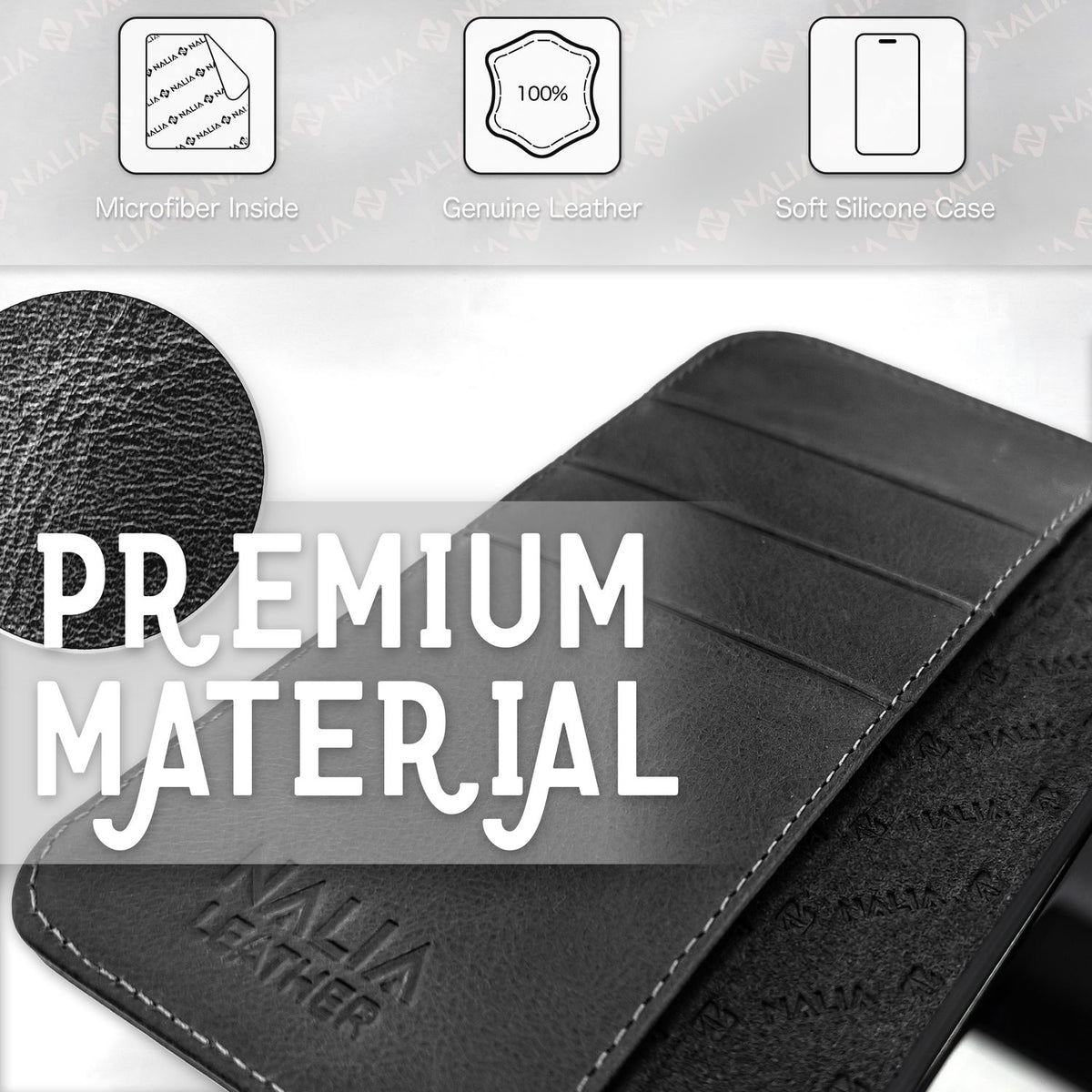NALIA Echtlederhülle für iPhone 14 Pro Max – RFID Wallet & Magnet-Verschluss – LEVANTO (Handgefertigte Klapphülle) – Marke aus Berlin