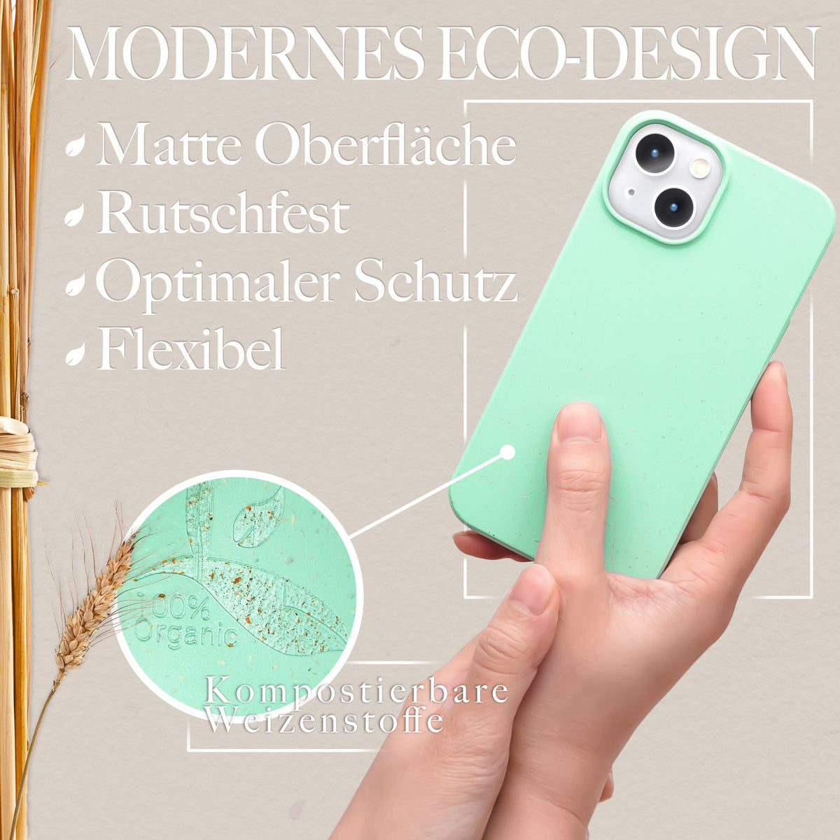 NALIA Handyhülle für iPhone 14 – Weizenstroh Case (Pflanzenbasiert) – BIOVERA – Matt & Stoßfest (Vegan) – Marke aus Berlin