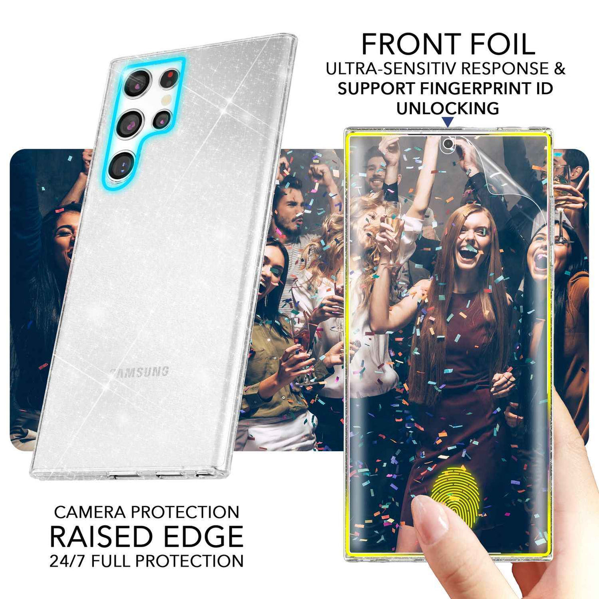 NALIA Glitzerhülle für Samsung Galaxy S23 Ultra – Funkelndes Silikon Case – DAZZLIN (Transparent & Stoßfest) – Marke aus Berlin