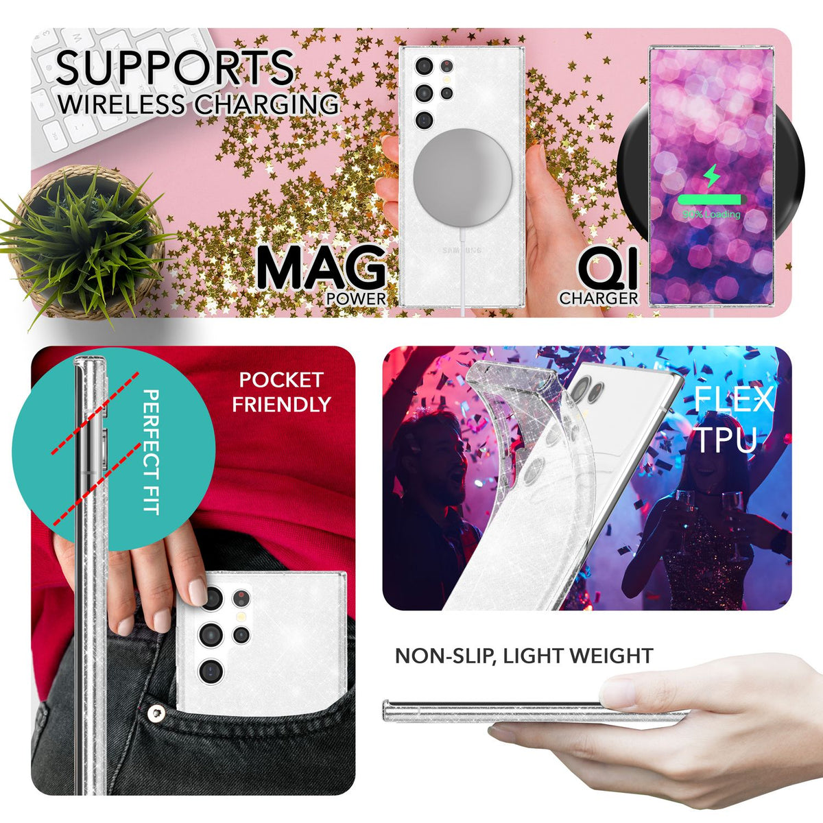 NALIA Glitzerhülle für Samsung Galaxy S23 Ultra – Funkelndes Silikon Case – DAZZLIN (Transparent & Stoßfest) – Marke aus Berlin