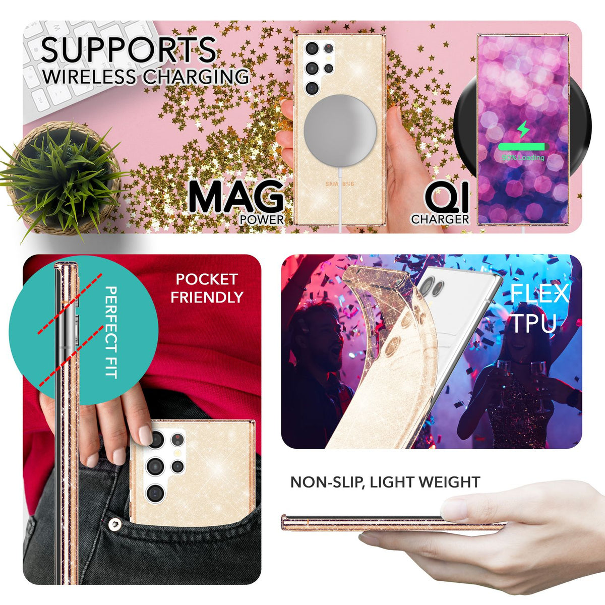NALIA Glitzerhülle für Samsung Galaxy S23 Ultra – Funkelndes Silikon Case – DAZZLIN (Transparent & Stoßfest) – Marke aus Berlin