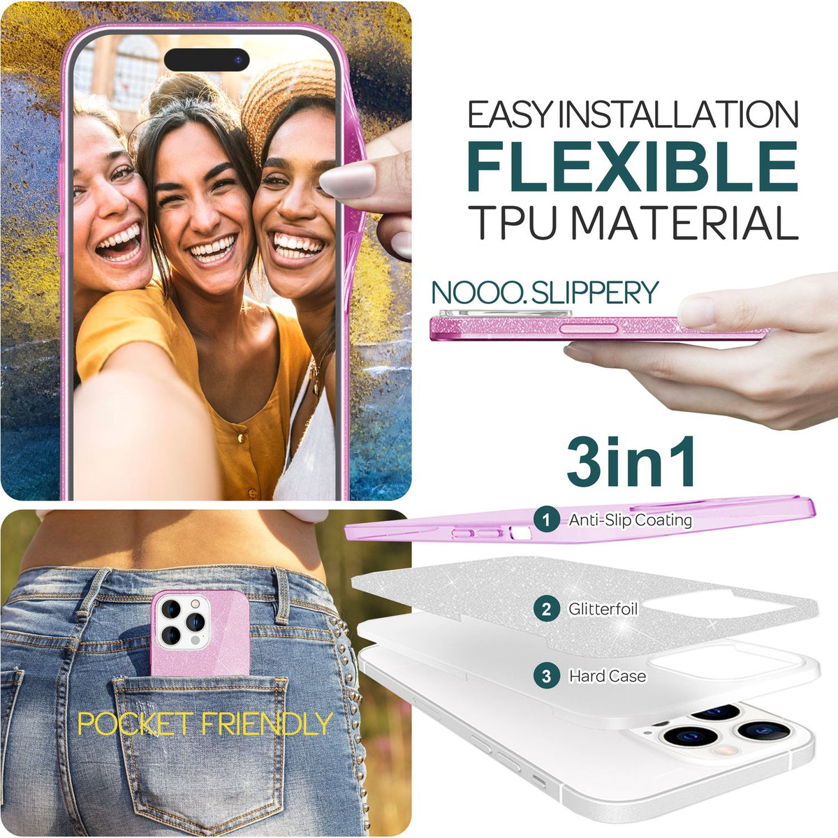 NALIA Glitzerhülle für iPhone 15 Pro – Funkelnder Glitzer-Look & Grip – SHINEPOP (Silikon Case) – Marke aus Berlin