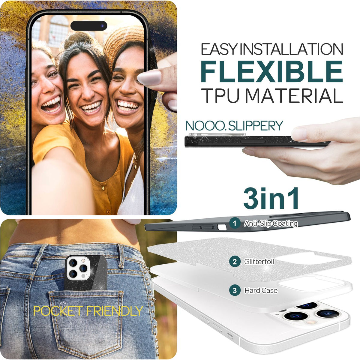 NALIA Glitzerhülle für iPhone 15 Pro – Funkelnder Glitzer-Look & Grip – SHINEPOP (Silikon Case) – Marke aus Berlin