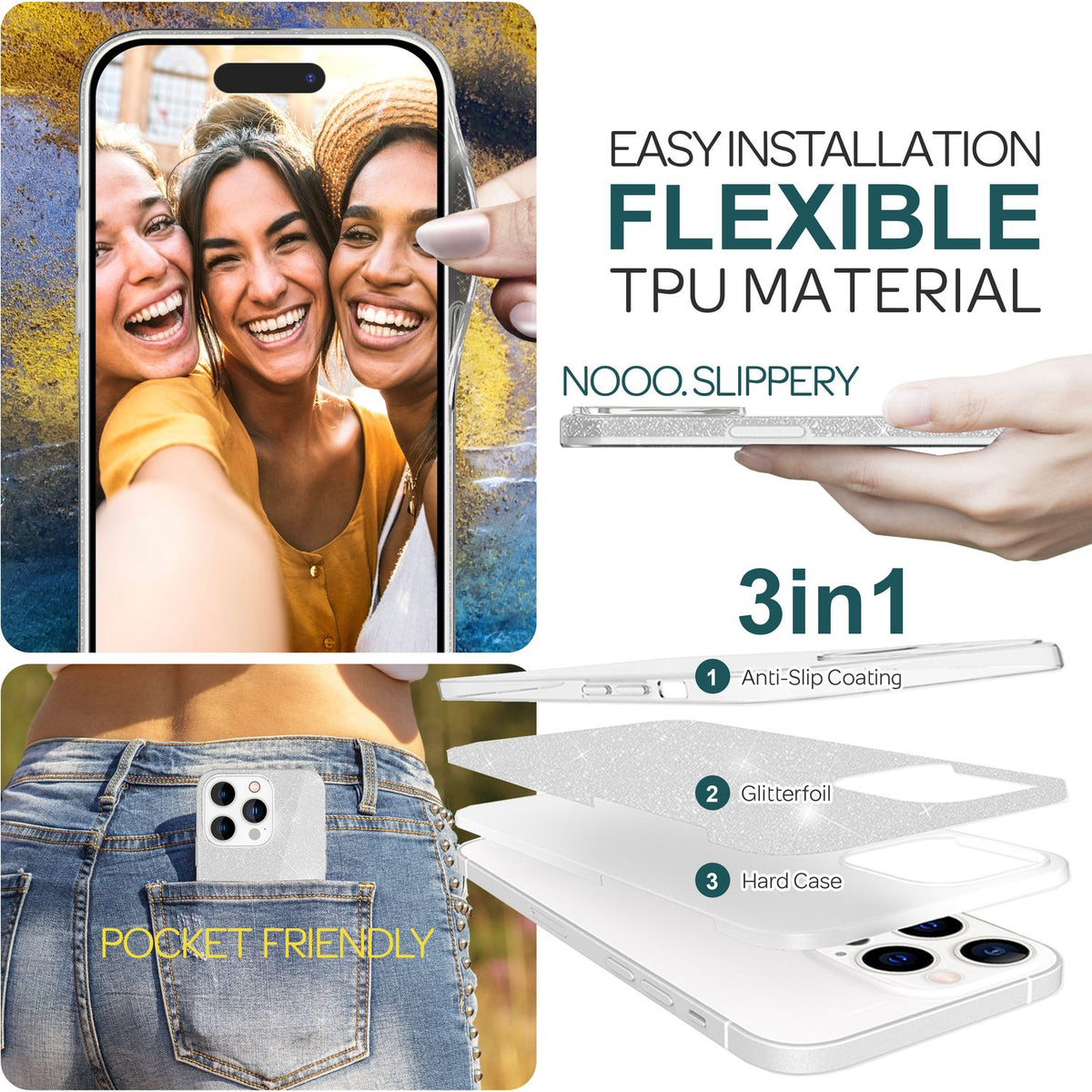 NALIA Glitzerhülle für iPhone 15 Pro – Funkelnder Glitzer-Look & Grip – SHINEPOP (Silikon Case) – Marke aus Berlin