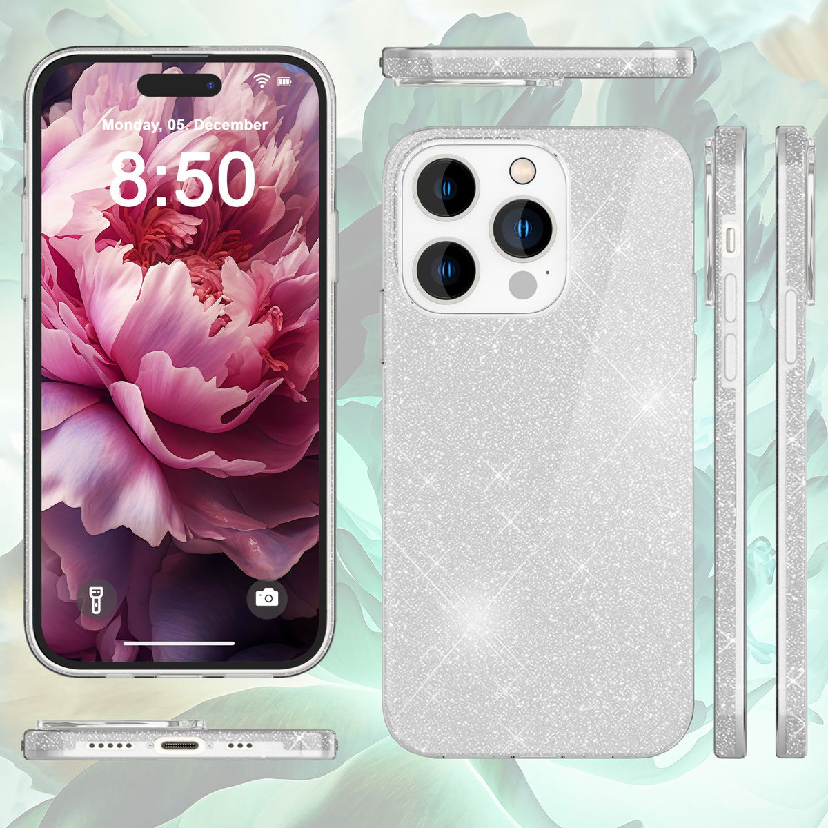NALIA Glitzerhülle für iPhone 15 Pro – Funkelnder Glitzer-Look & Grip – SHINEPOP (Silikon Case) – Marke aus Berlin