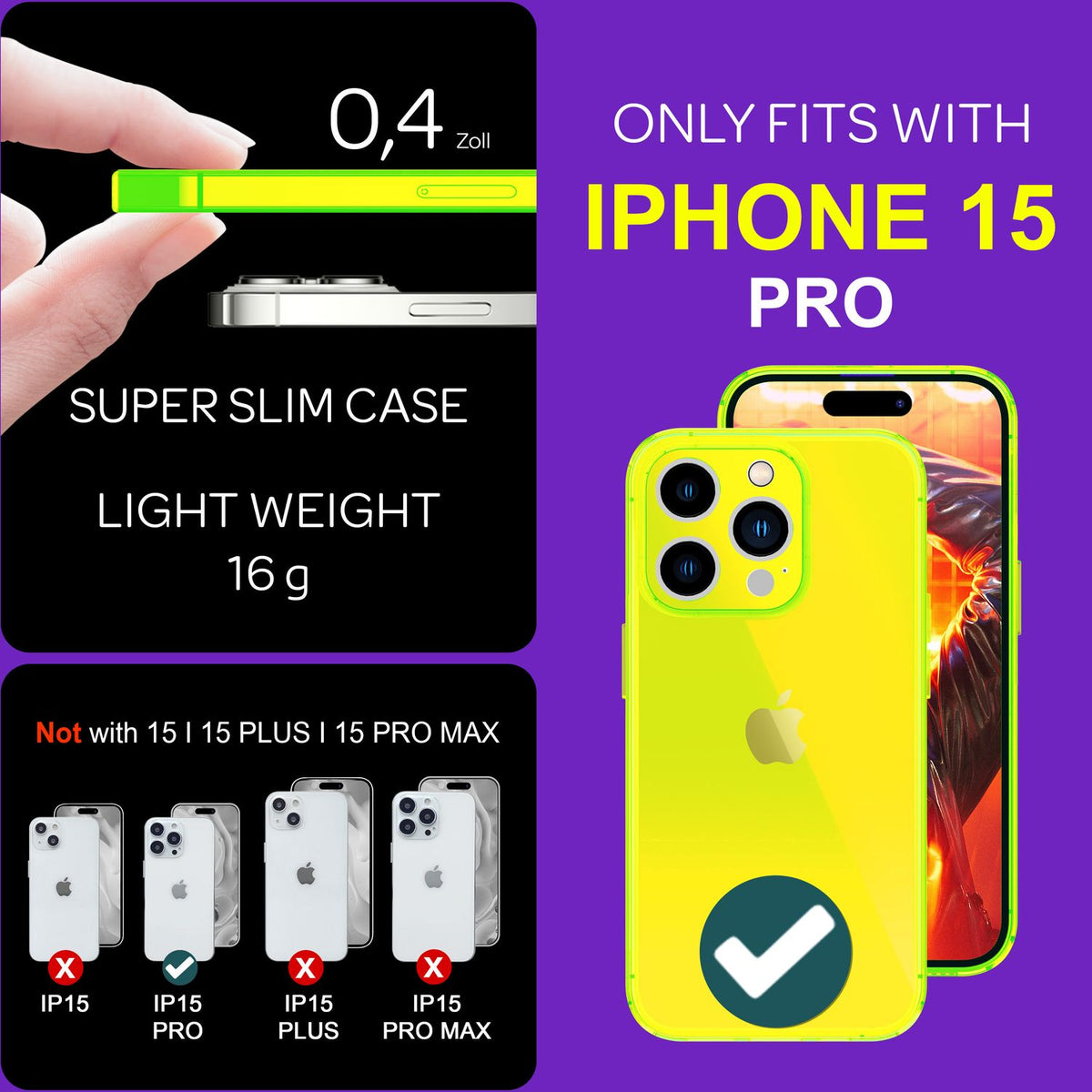 NALIA Neon Silikonhülle für iPhone 15 Pro – Knallige Signal-Farbe & Linsenschutz – VIBE (Transparentes Case) – Marke aus Berlin