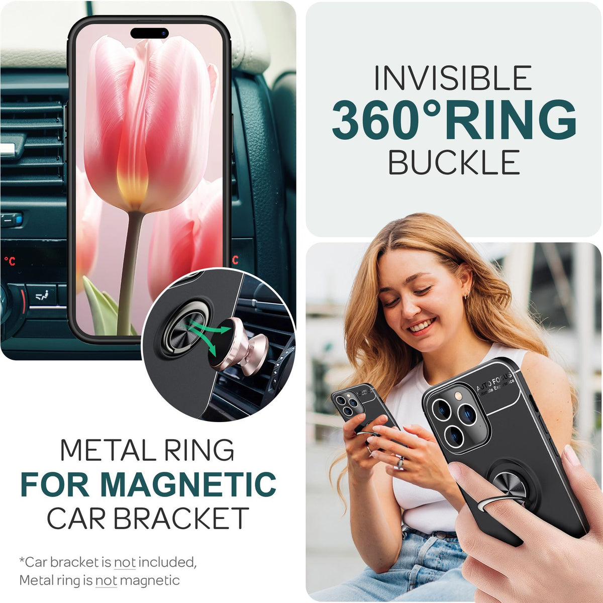 NALIA Ringhülle für iPhone 15 Pro Max – Ring-Ständer 360° & für Magnet-Halter – GRIP360 (Mattiertes Silikon Case) – Marke aus Berlin