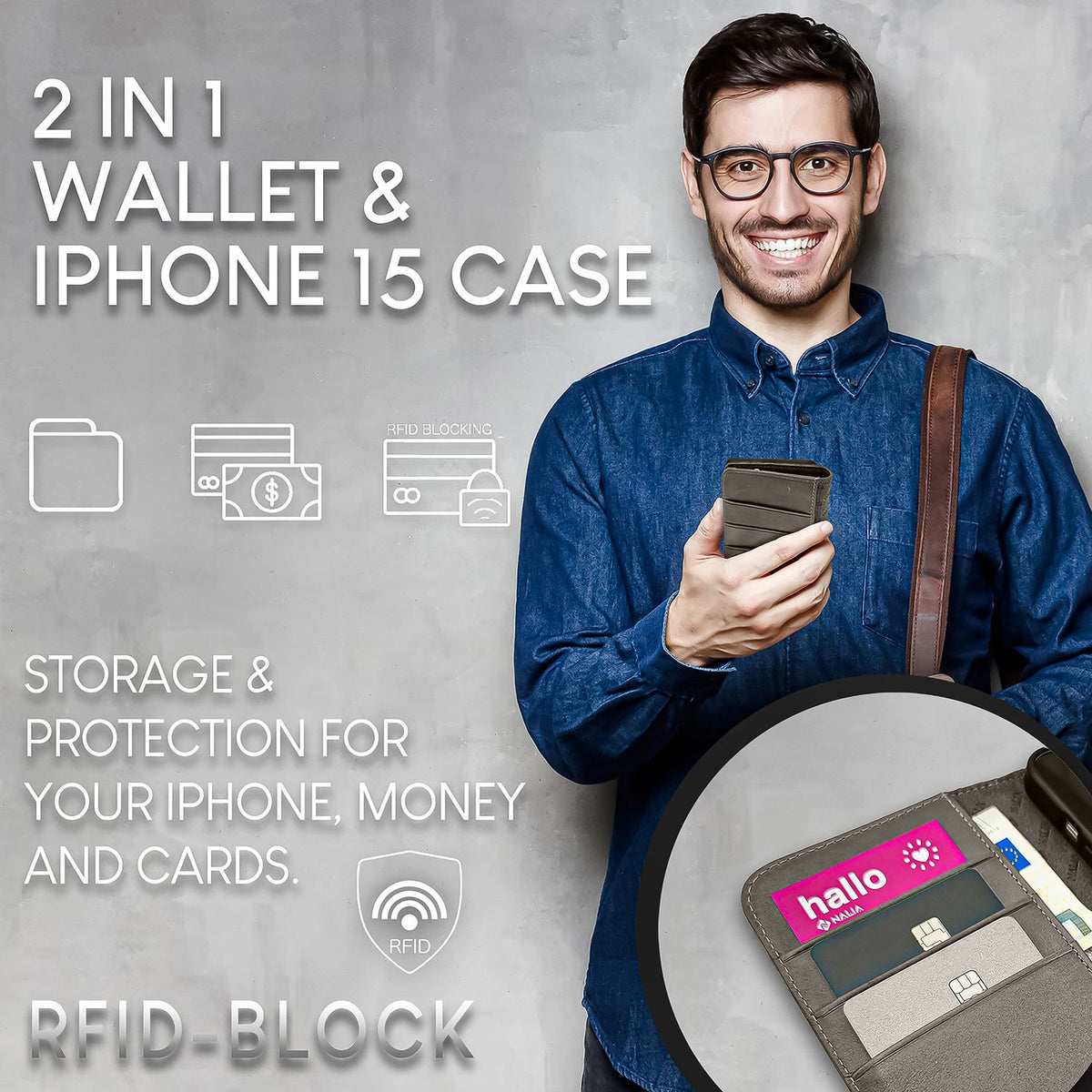NALIA Echtlederhülle für iPhone 15 Plus – RFID Wallet & Magnet-Verschluss – LEVANTO (Handgefertigte Klapphülle) – Marke aus Berlin