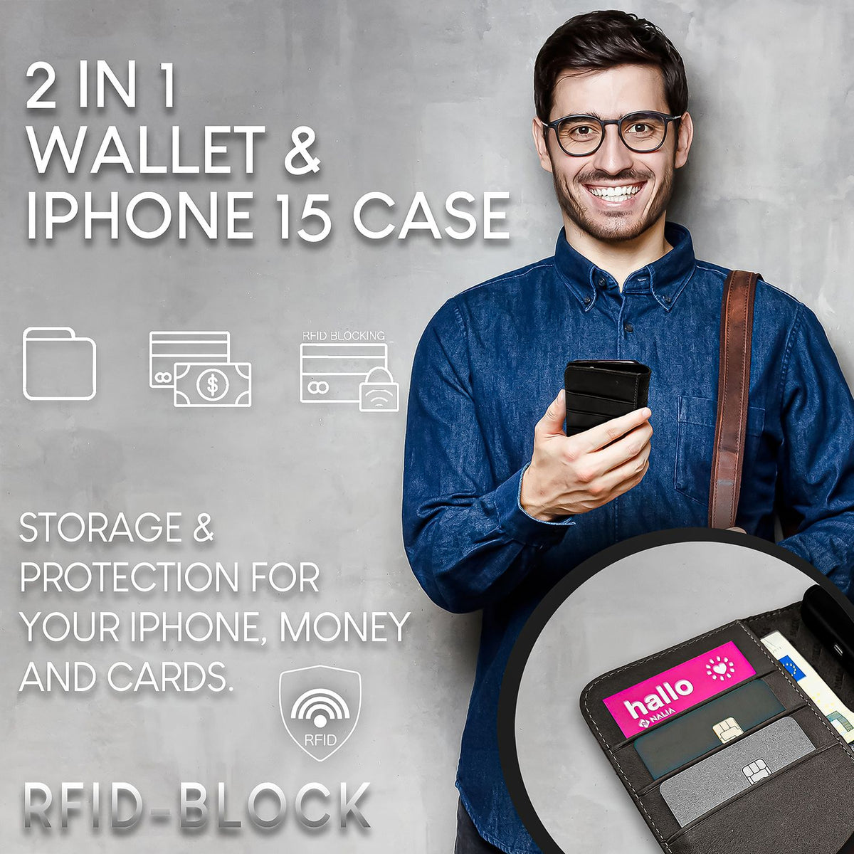NALIA Echtlederhülle für iPhone 15 Pro Max – RFID Wallet & Magnet-Verschluss – LEVANTO (Handgefertigte Klapphülle) – Marke aus Berlin