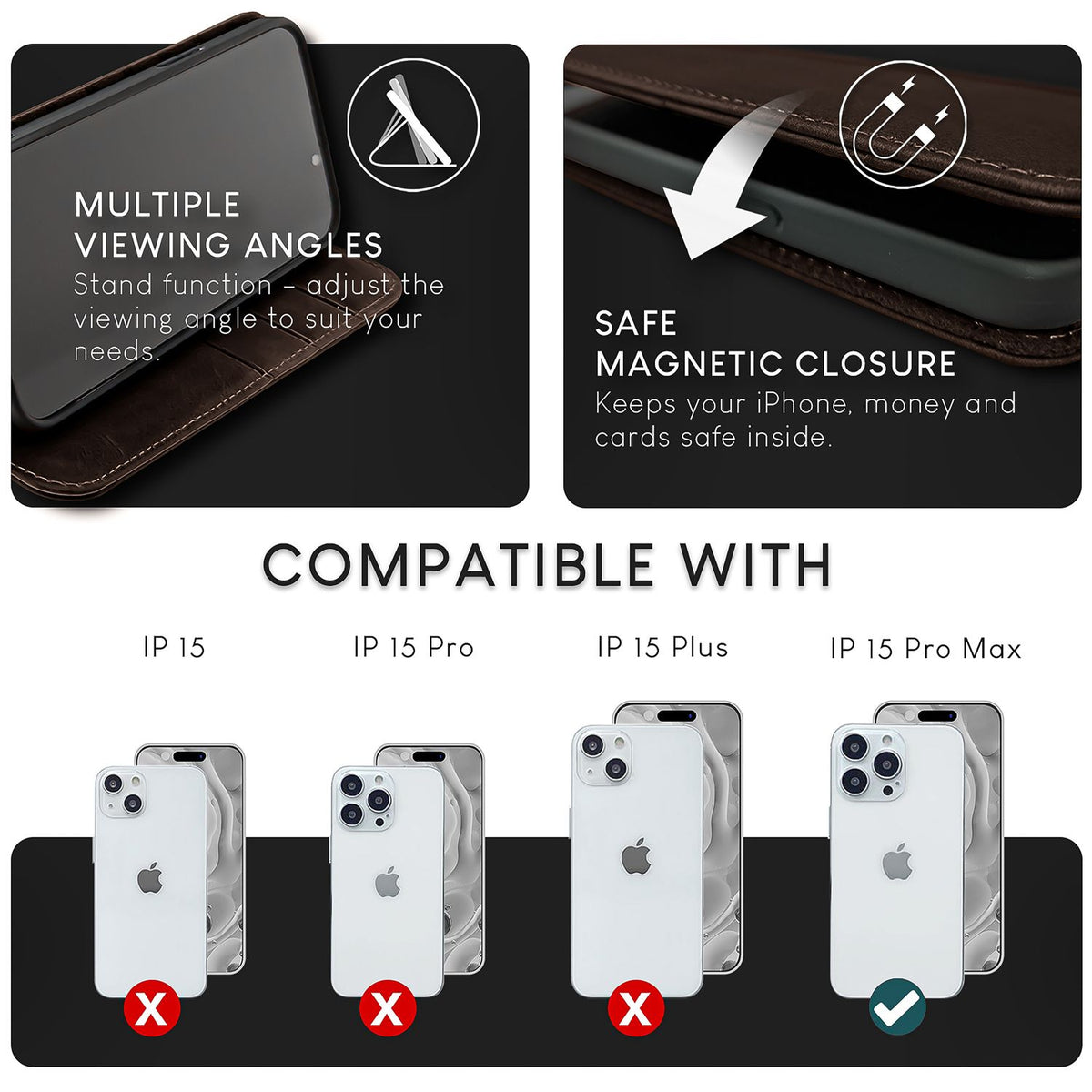 NALIA Echtlederhülle für iPhone 15 Pro Max – RFID Wallet & Magnet-Verschluss – LEVANTO (Handgefertigte Klapphülle) – Marke aus Berlin