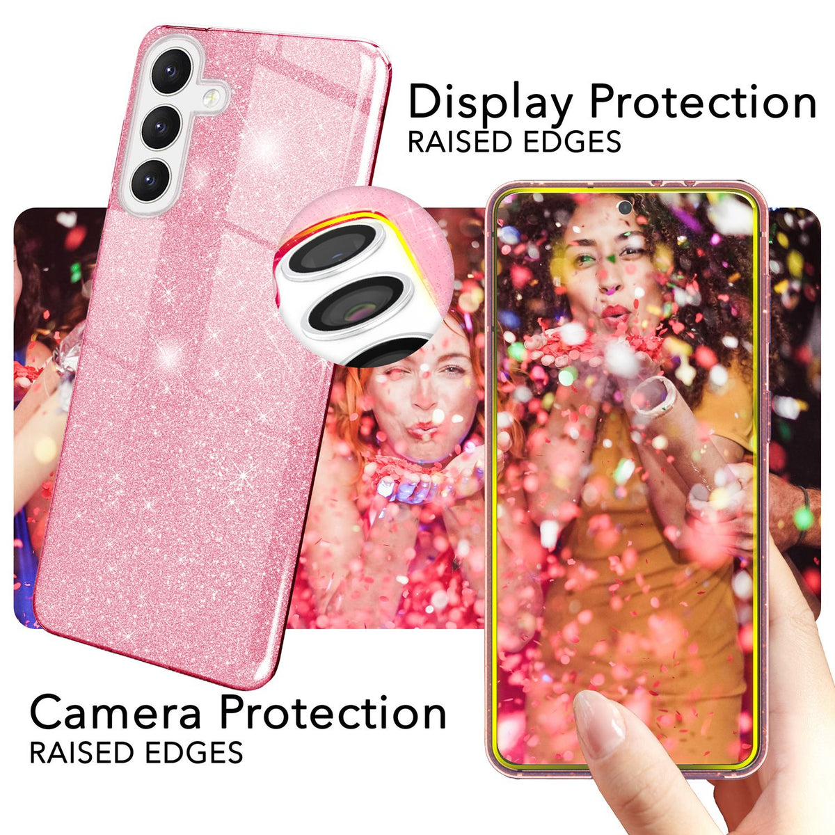 NALIA Glitzerhülle für Samsung Galaxy S24 Plus – Funkelnder Glitzer-Look & Grip – SHINEPOP (Silikon Case) – Marke aus Berlin