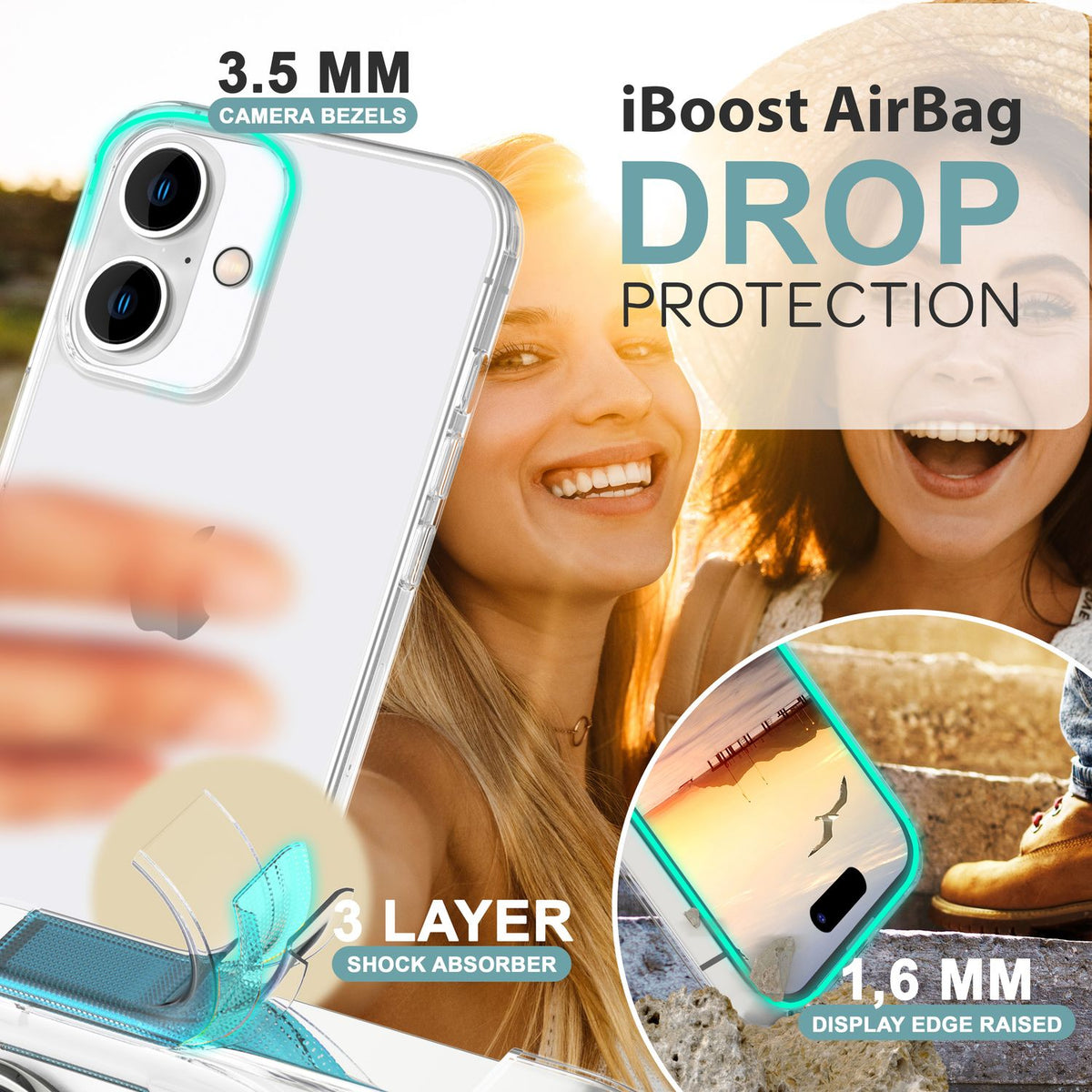 NALIA Transparente Hülle für iPhone 16 Plus – Anti-Gelb & Stoßfest – BLYSS (Rückseite in Glas-Optik) – Marke aus Berlin