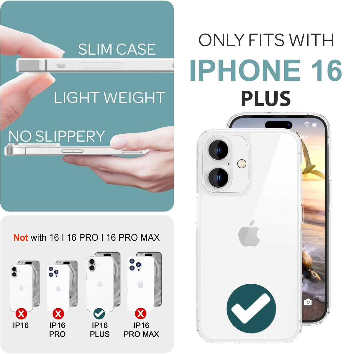 NALIA Transparente Hülle für iPhone 16 Plus – Anti-Gelb & Stoßfest – BLYSS (Rückseite in Glas-Optik) – Marke aus Berlin