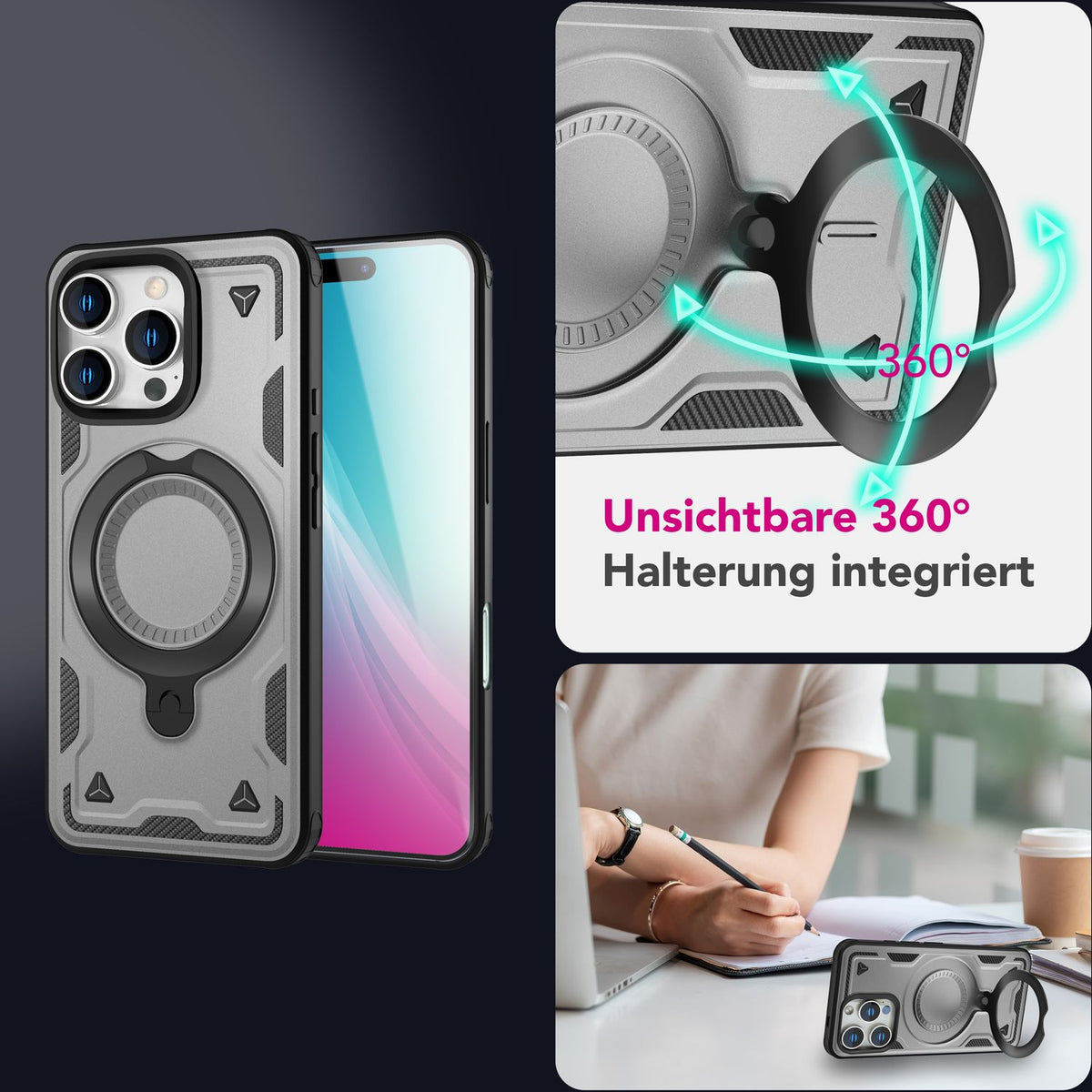 NALIA Magnetische Panzerhülle für iPhone 16 Pro Max – Ring-Halterung 360° & MagSafe kompatibel – STORMGUARD (Outdoor Case) – Marke aus Berlin
