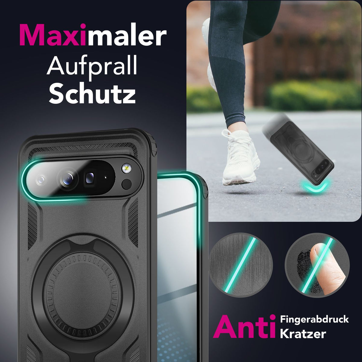 NALIA Magnetische Panzerhülle für Google Pixel 9 Pro XL – Ring-Halterung 360° & MagSafe kompatibel – STORMGUARD (Outdoor Case) – Marke aus Berlin