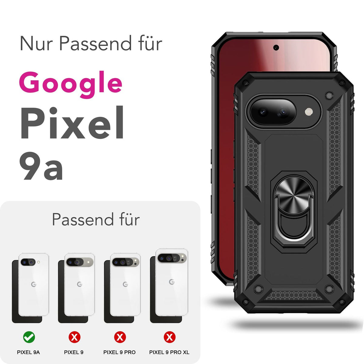 NALIA Panzerhülle für Google Pixel 9a – Ring-Ständer 360° & Magnet-Halterung Kompatibel – RINGDEFEND (Stoßfestes Outdoor Case) – Marke aus Berlin