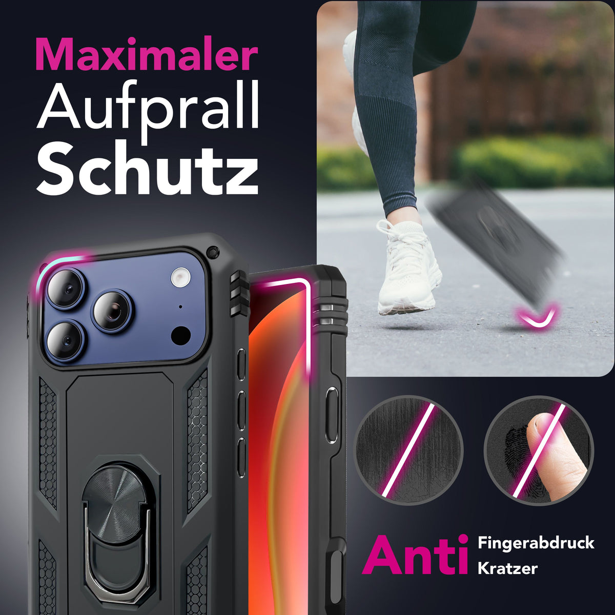 NALIA Panzerhülle für iPhone 18 Pro / 17 Pro – Ring-Ständer 360° & Magnet-Halterung Kompatibel – RINGDEFEND (Stoßfestes Outdoor Case) – Marke aus Berlin
