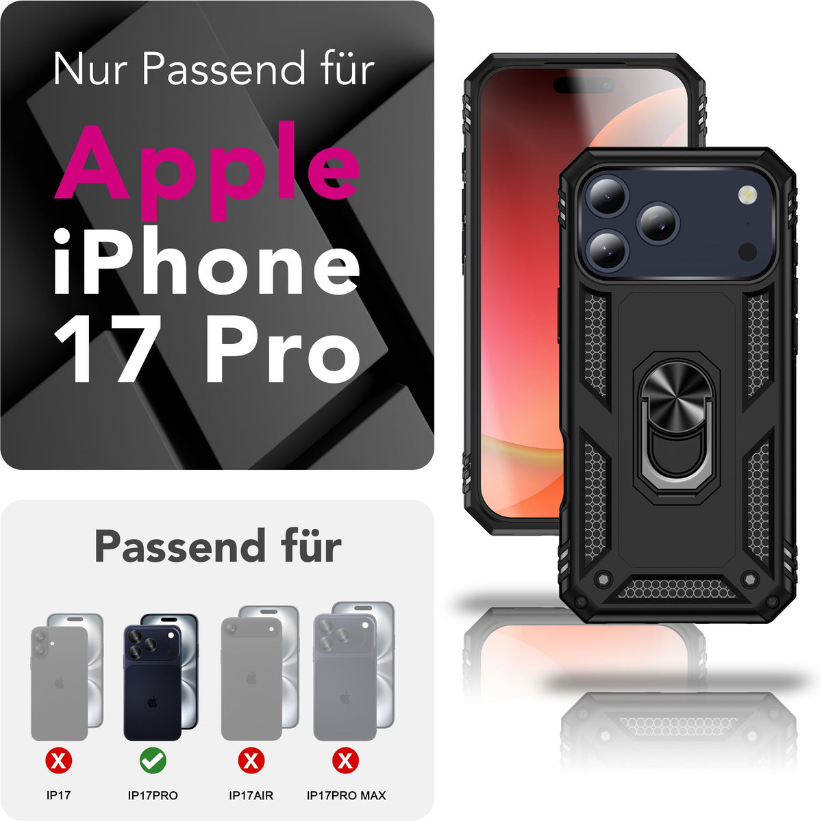 NALIA Panzerhülle für iPhone 18 Pro / 17 Pro – Ring-Ständer 360° & Magnet-Halterung Kompatibel – RINGDEFEND (Stoßfestes Outdoor Case) – Marke aus Berlin