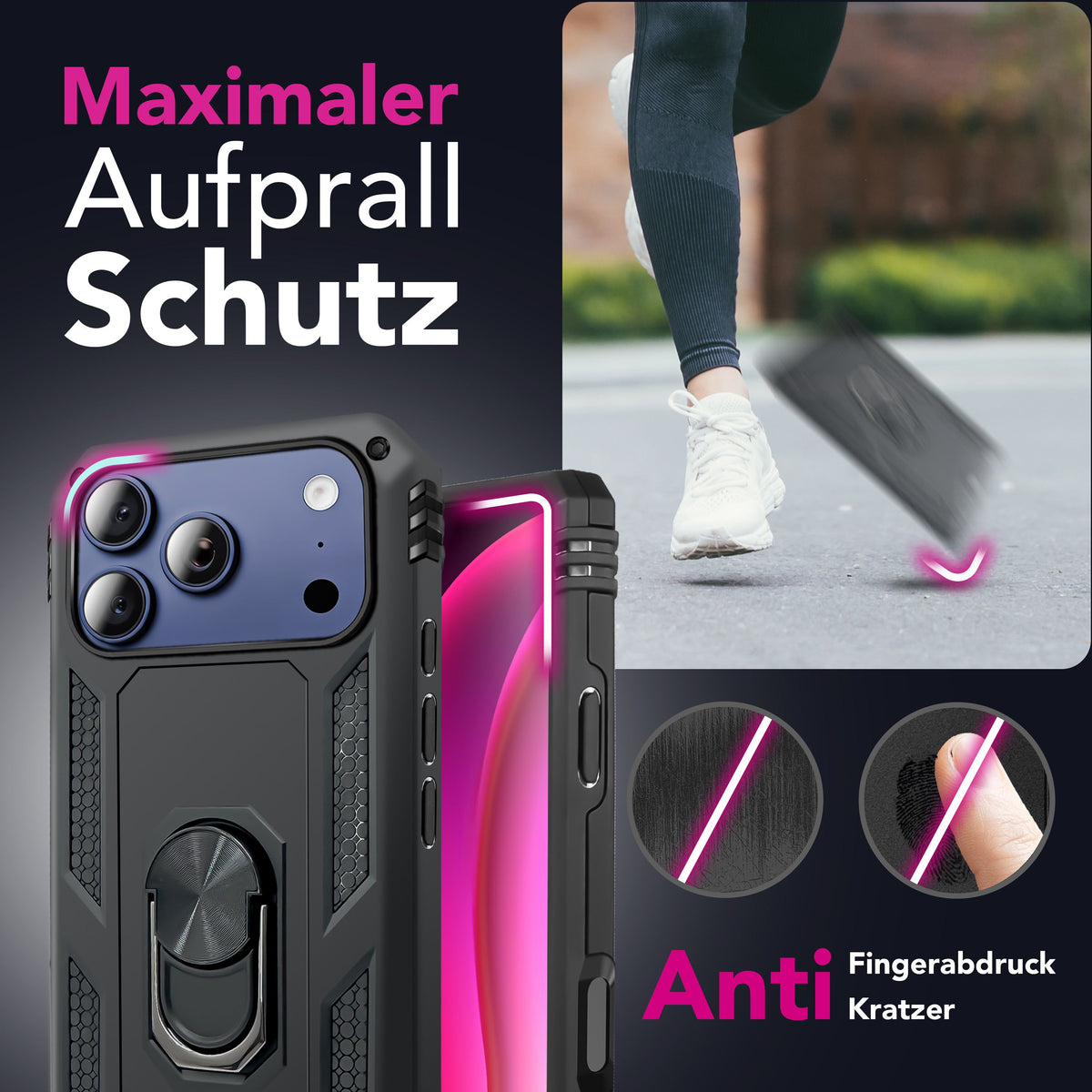 NALIA Panzerhülle für iPhone 18 Pro Max / 17 Pro Max – Ring-Ständer 360° & Magnet-Halterung Kompatibel – RINGDEFEND (Stoßfestes Outdoor Case) – Marke aus Berlin