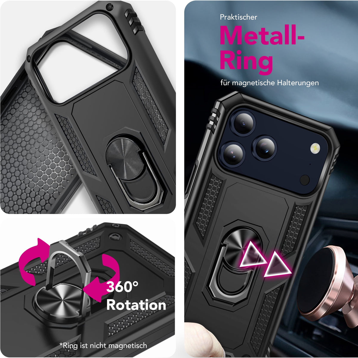NALIA Panzerhülle für iPhone 18 Pro Max / 17 Pro Max – Ring-Ständer 360° & Magnet-Halterung Kompatibel – RINGDEFEND (Stoßfestes Outdoor Case) – Marke aus Berlin
