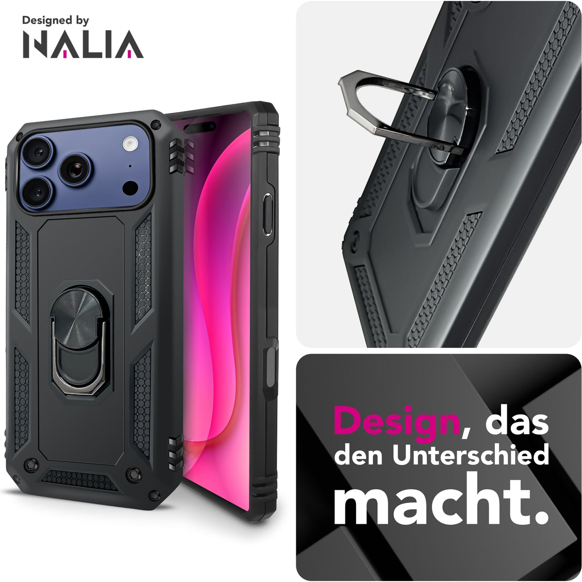 NALIA Panzerhülle für iPhone 18 Pro Max / 17 Pro Max – Ring-Ständer 360° & Magnet-Halterung Kompatibel – RINGDEFEND (Stoßfestes Outdoor Case) – Marke aus Berlin