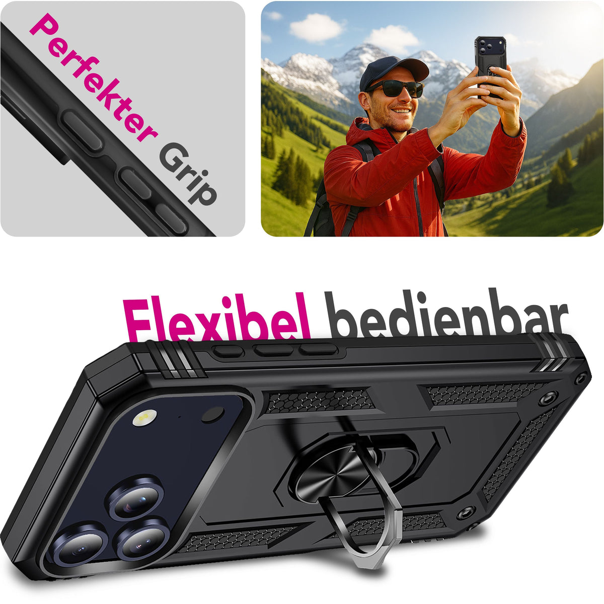 NALIA Panzerhülle für iPhone 18 Pro Max / 17 Pro Max – Ring-Ständer 360° & Magnet-Halterung Kompatibel – RINGDEFEND (Stoßfestes Outdoor Case) – Marke aus Berlin