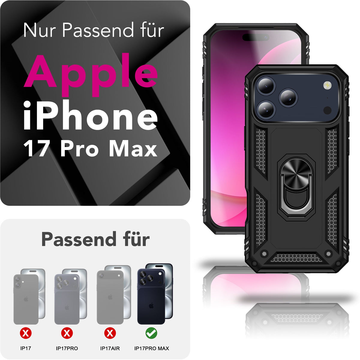 NALIA Panzerhülle für iPhone 18 Pro Max / 17 Pro Max – Ring-Ständer 360° & Magnet-Halterung Kompatibel – RINGDEFEND (Stoßfestes Outdoor Case) – Marke aus Berlin