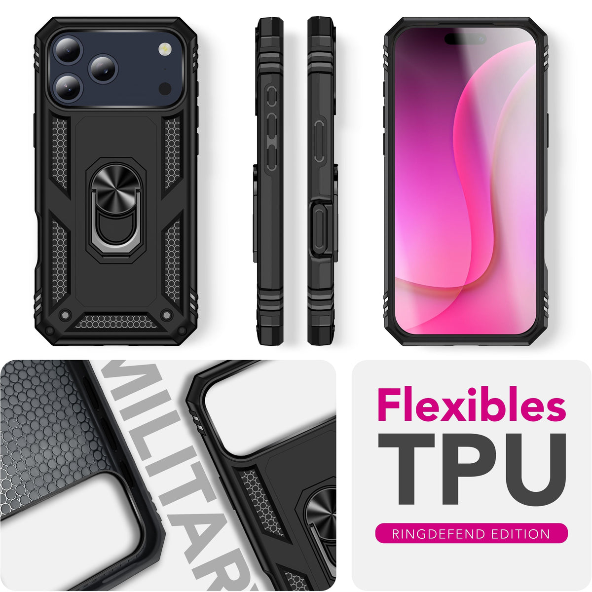 NALIA Panzerhülle für iPhone 18 Pro Max / 17 Pro Max – Ring-Ständer 360° & Magnet-Halterung Kompatibel – RINGDEFEND (Stoßfestes Outdoor Case) – Marke aus Berlin