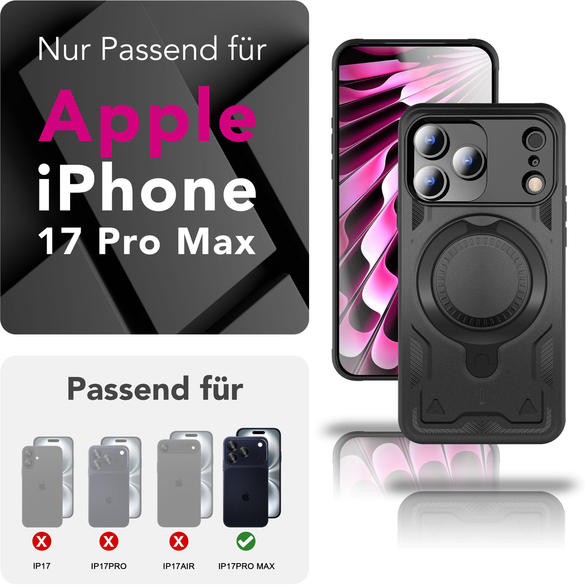 NALIA Magnetische Panzerhülle für iPhone 18 Pro Max / 17 Pro Max – Ring-Halterung 360° & MagSafe kompatibel – STORMGUARD (Outdoor Case) – Marke aus Berlin