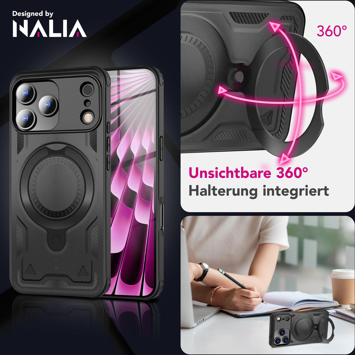 NALIA Magnetische Panzerhülle für iPhone 18 Pro Max / 17 Pro Max – Ring-Halterung 360° & MagSafe kompatibel – STORMGUARD (Outdoor Case) – Marke aus Berlin