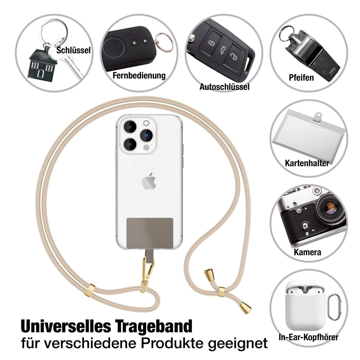 NALIA Universal Handykette für alle Smartphones – Robuste Kordel & 2 Patches – HOLDME AIR (Klassisches Lanyard mit Goldenem Karabiner) – Marke aus Berlin